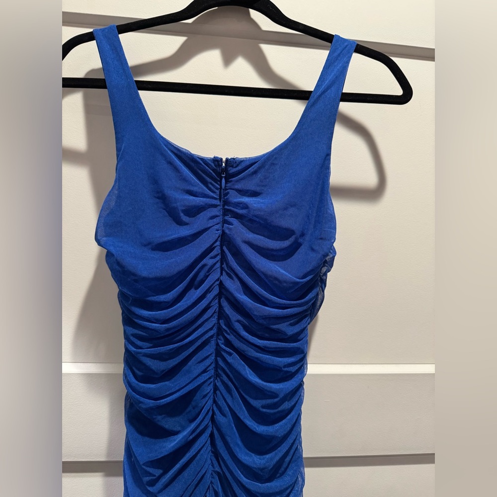 EUC Lulu's VIP Treatment Royal Blue Mesh Ruched Bodycon Midi Dress - Picture 7 of 10